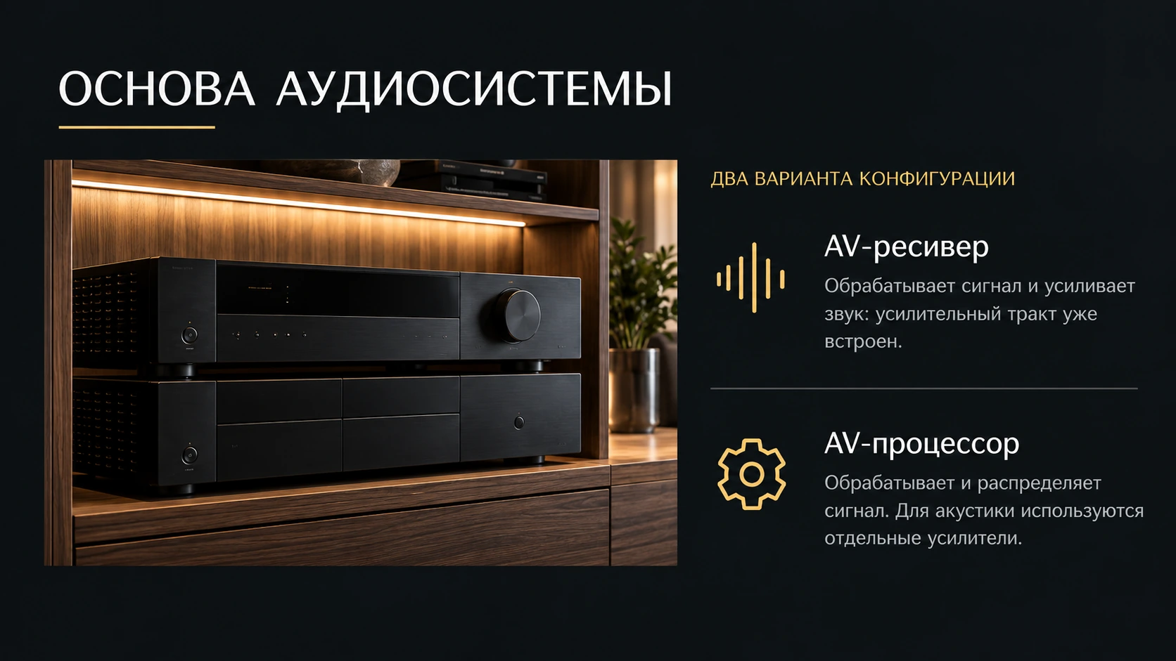 AV-компоненты на деревянной полке с подсветкой